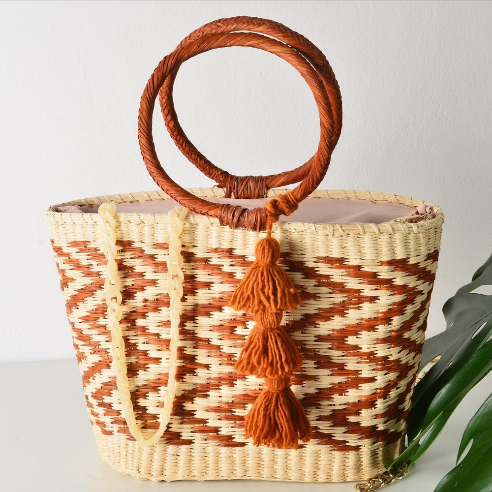 Hand Crafted Woven Tote Bag in Tan and Cream